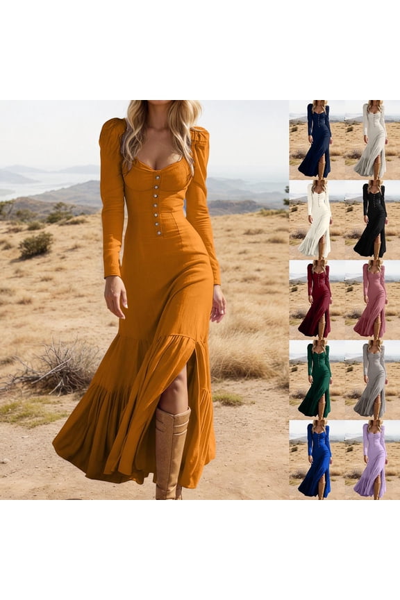 Gala Dresses for Women Western Style Button Front Ruffle Detail Long Sleeve Maxi Dress Vintage Formal Bridesmaid Maxi Dress Black XL