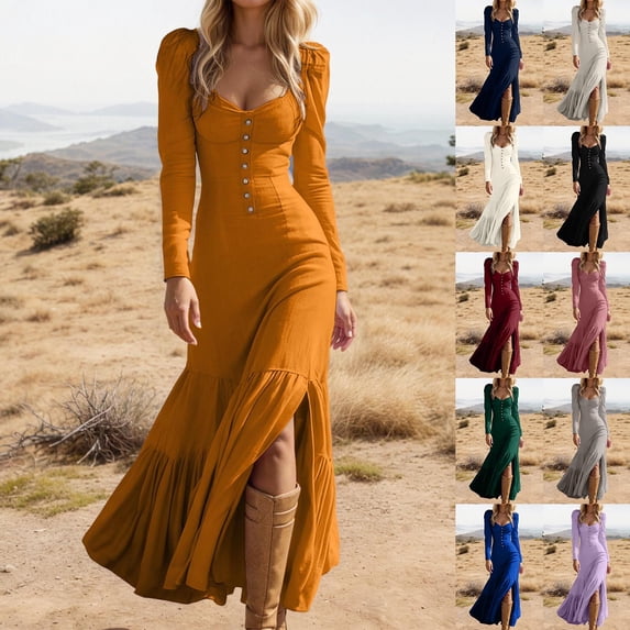 Gala Dresses for Women Western Style Button Front Ruffle Detail Long Sleeve Maxi Dress Vintage Formal Party Evening Dress Navy XL