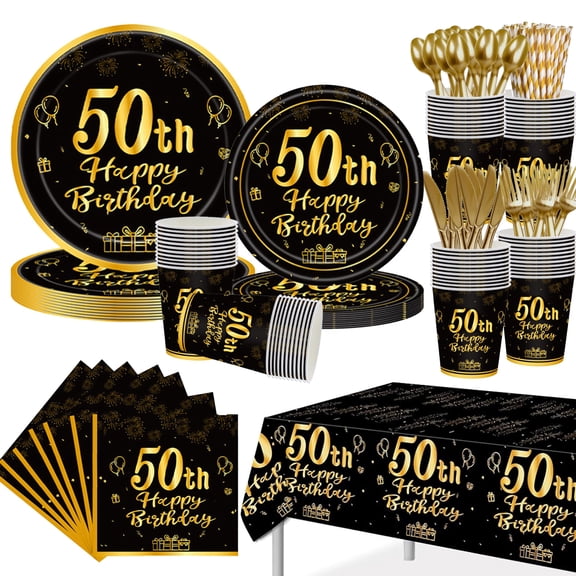 GalaHub 50th Birthday Party Supplies for 24 Guests, 193 Pcs Black Gold Disposable Tableware Set Includes Plates Tablecloth Napkins, 50th Birthday Decorations for Men Y101