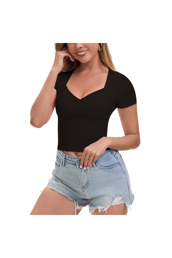Women Short Sleeve Square Neck T Shirt Sexy Slim Fitted Crop Tops Stretchy Deep U Casual Basic Tees