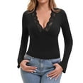 thumbnail image 1 of Galabris Women's Flare Long Sleeve Tops Sexy Lace Slim Fitted T-shirt Going Out Stretchy V Neck Tee, 1 of 7