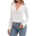thumbnail image 1 of Galabris Women's Flare Long Sleeve Tops Sexy Lace Slim Fitted T-shirt Going Out Stretchy V Neck Tee, 1 of 7
