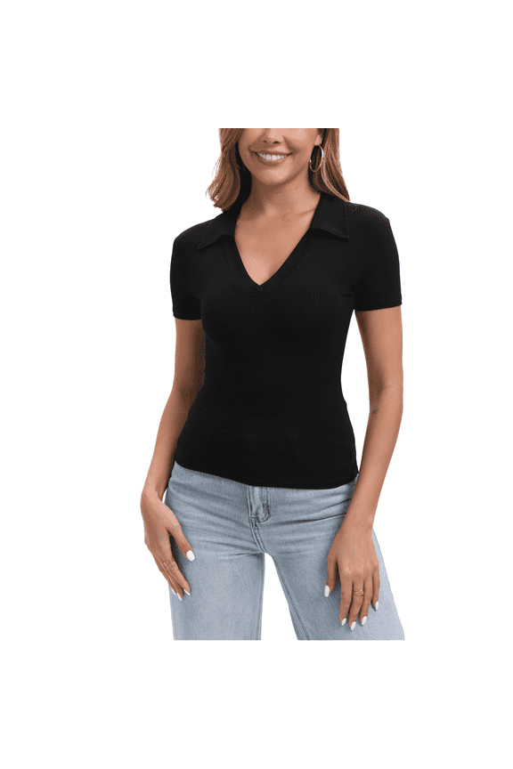 Women's Short Sleeve Polo Shirts Deep V Neck Business Lapel Tops Slim Fitted Going Out Basic Tee Ribbed Knit