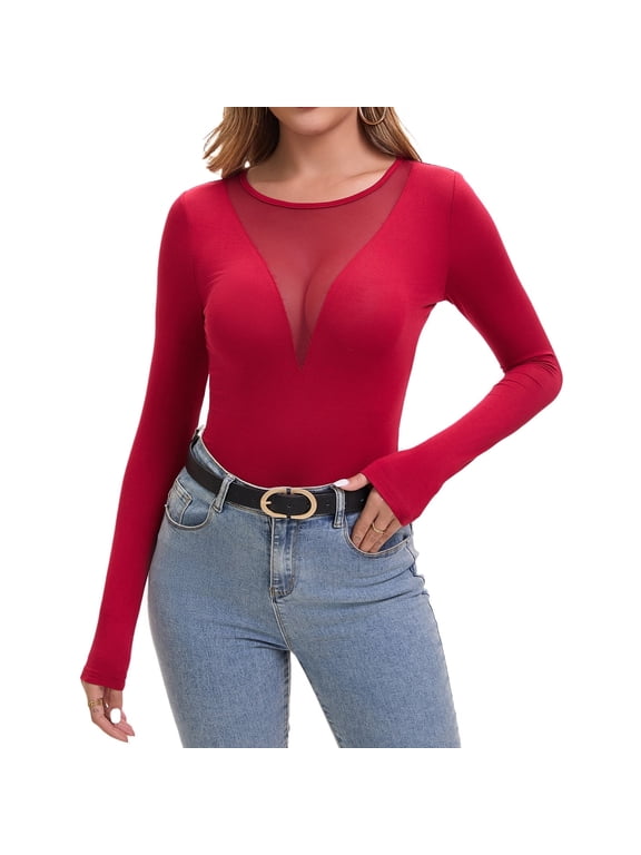 Womens Long Sleeve Tops Sexy See Through Slim Fitted T-shirt Deep U Stretchy Crew Neck Tee