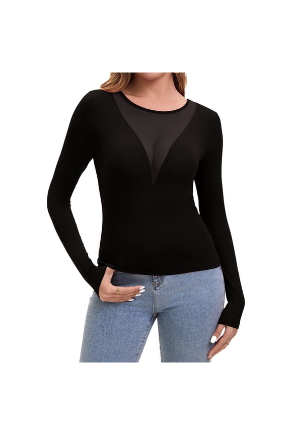 Womens Long Sleeve Tops Sexy See Through Slim Fitted T-shirt Deep U Stretchy Crew Neck Tee