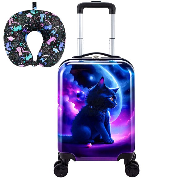 Galactic Cat Explorer Luggage for Kids: Airline-Approved Carry On Girls Suitcase 2PC Set with 360° Spinner Rolling Wheels, Includes Neck Pillow