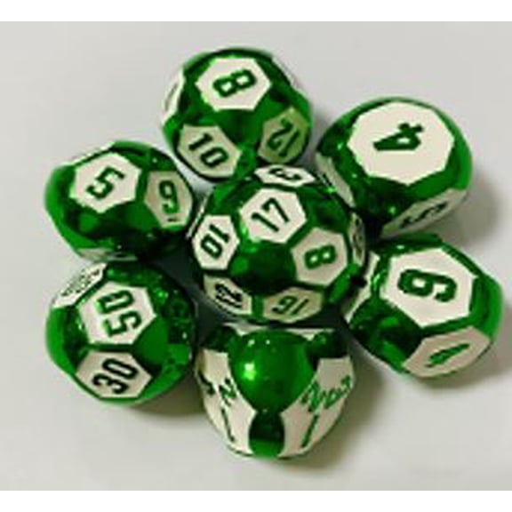 Galactic Dice Premium Dice Sets - Ball Dice Green & White (Ver 3) Set of 7 Dice with Tin