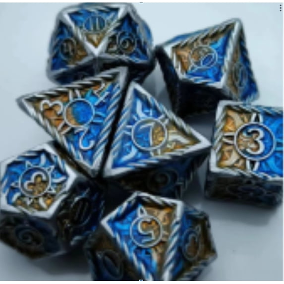 Galactic Dice Premium Dice Sets - Blue & Metallic Gold Sun Set of 7 Dice with Tin