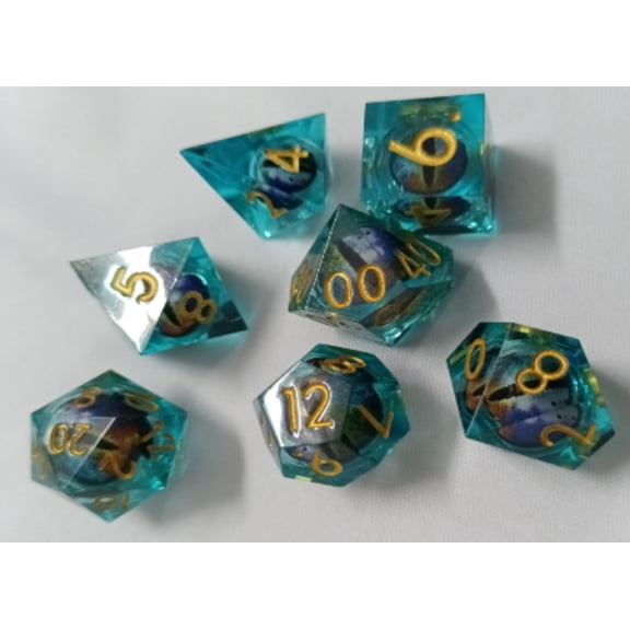 Galactic Dice Premium Dice Sets - Blue Moving Eyes Sharp Resin Set of 7 Dice