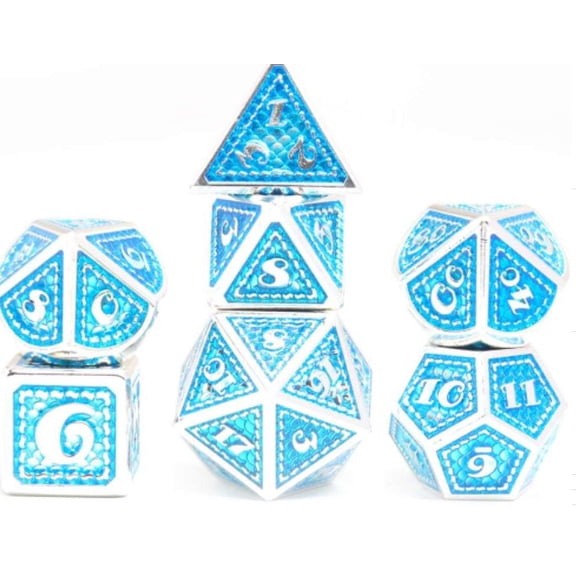Galactic Dice Premium Dice Sets - Blue & Silver Metal Scales Set of 7 Dice with Tin