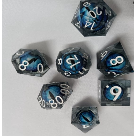 Galactic Dice Premium Dice Sets - Clear Blue Moving Eyes Sharp Resin Set of 7 Dice
