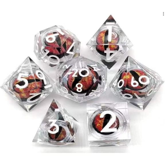 Galactic Dice Premium Dice Sets - Clear Fiery Dragon Eyes Sharp Resin Set of 7 Dice