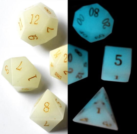 Galactic Dice Premium Dice Sets - Glow-in-the-Dark Stone Set of 7 Dice with Tin