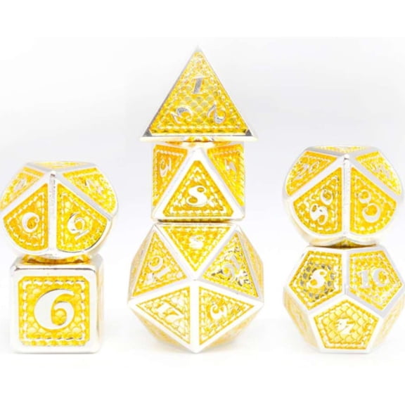 Galactic Dice Premium Dice Sets - Gold & Silver Metal Scales Set of 7 Dice with Tin