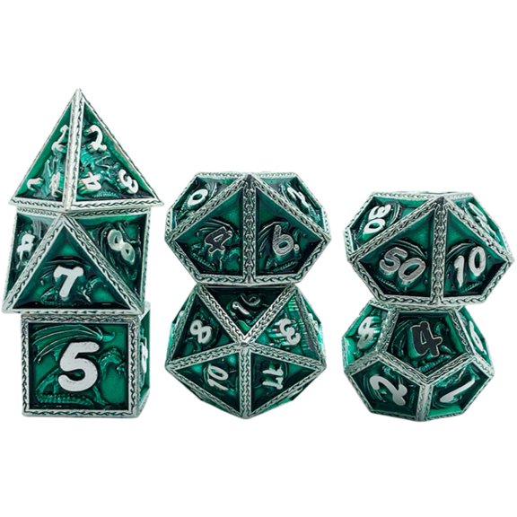 Galactic Dice Premium Dice Sets - Green & Silver Dragon Set of 7 Dice with Tin