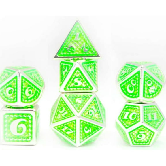 Galactic Dice Premium Dice Sets - Green & Silver Metal Scales Set of 7 Dice with Tin