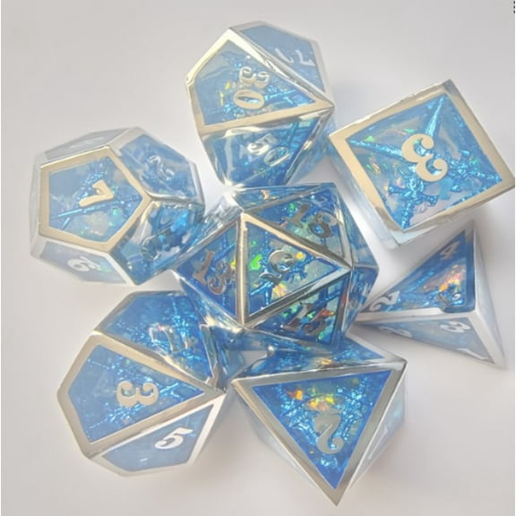 Galactic Dice Premium Dice Sets - Hollow Blue Antique Resin Inside Set of 7 Dice with Tin