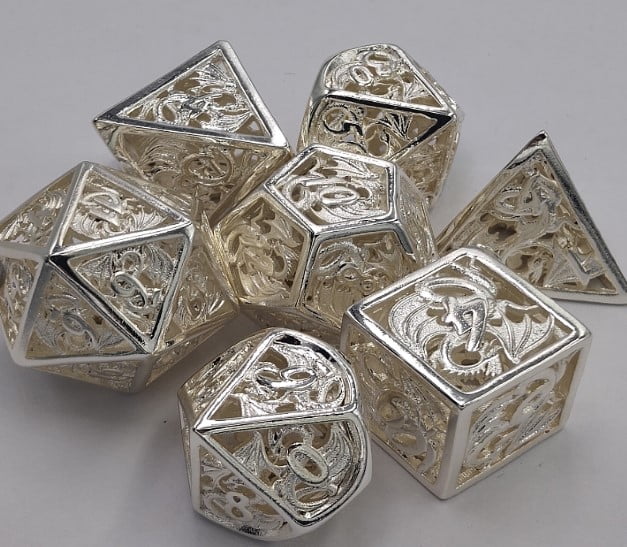 Galactic Dice Premium Dice Sets - Hollow Silver Dragon Set of 7 Dice with Tin