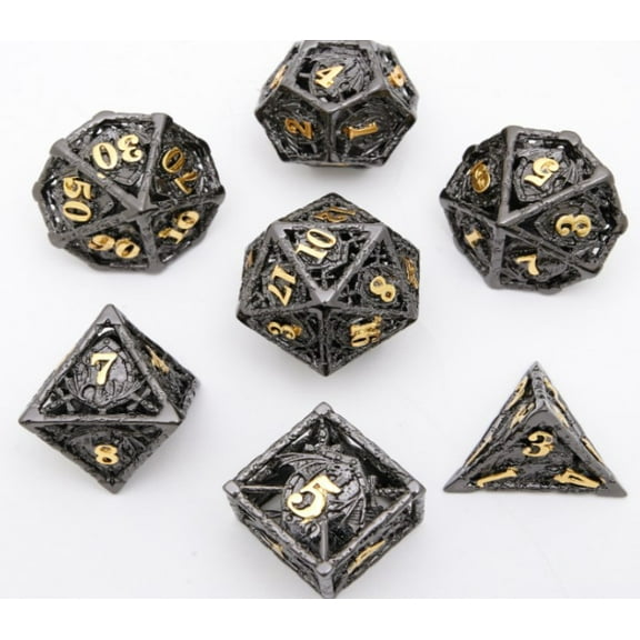 Galactic Dice Premium Dice Sets - Hollow Silver & Gold Dragon Set of 7 Dice with Tin