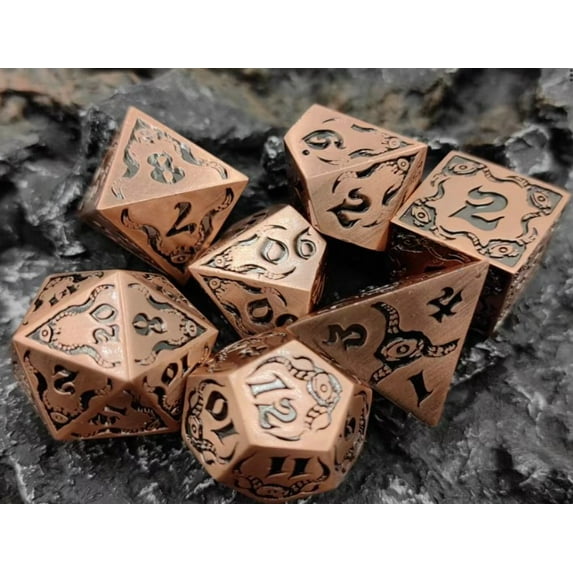 Galactic Dice Premium Dice Sets - Metal Copper Monster Set of 7 Dice with Tin
