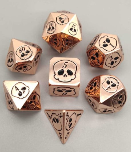 Galactic Dice Premium Dice Sets - Metal Copper Skull Set of 7 Dice with Tin