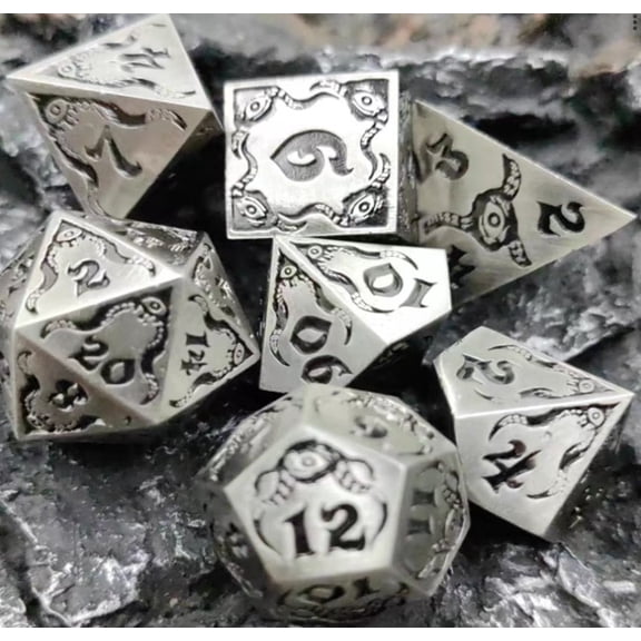 Galactic Dice Premium Dice Sets - Metal Silver Monster Set of 7 Dice with Tin