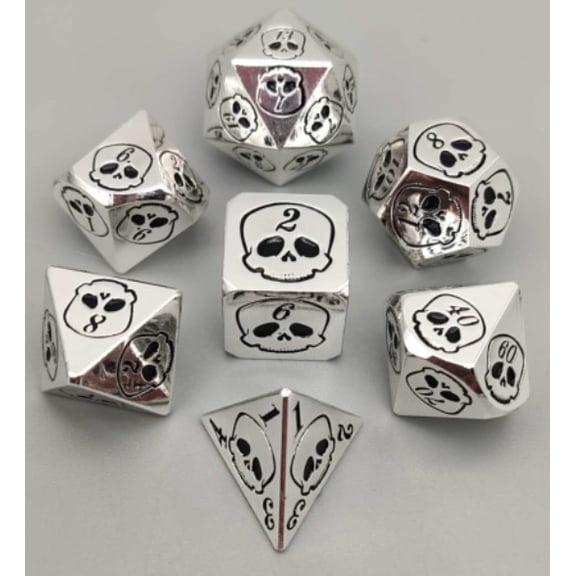 Galactic Dice Premium Dice Sets - Metal Silver Skull Set of 7 Dice with Tin
