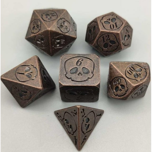 Galactic Dice Premium Dice Sets - Metal Tarnished Bronze Skull Set of 7 Dice with Tin