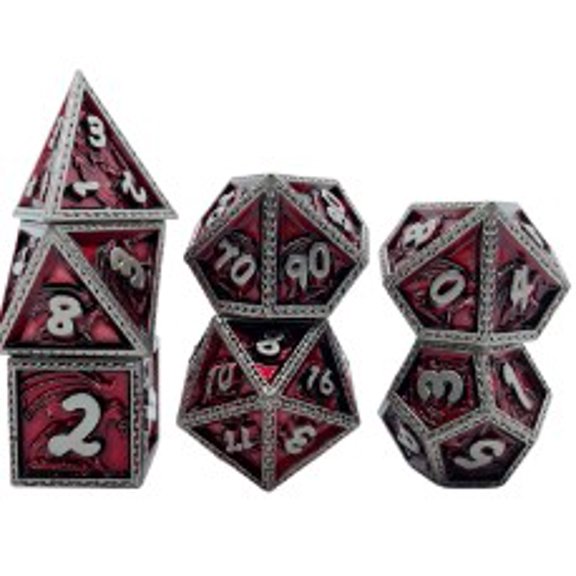 Galactic Dice Premium Dice Sets - Red & Silver Dragon Set of 7 Dice with Tin