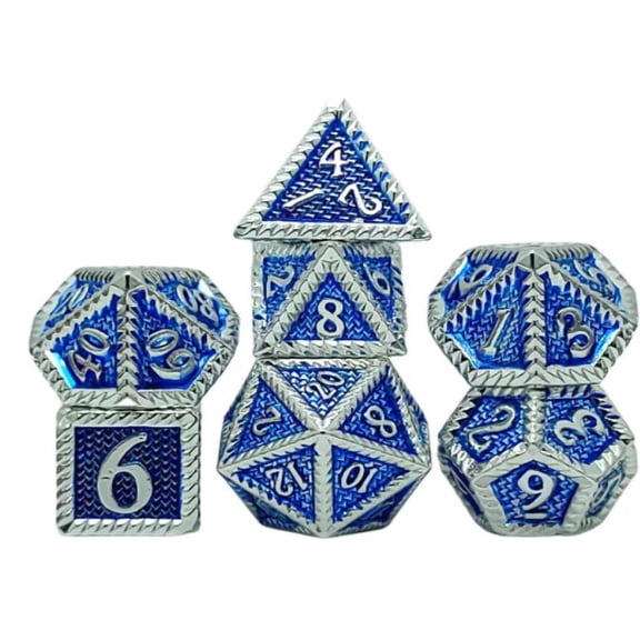 Galactic Dice Premium Dice Sets - Silver & Blue Textured Metal Set of 7 Dice with Tin