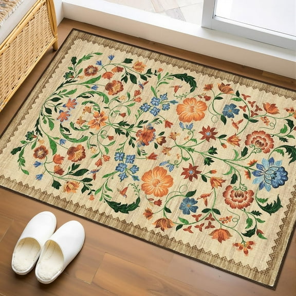 Galactic Goods Boho Floral Rug - Non-Slip Low-Pile Machine Washable Area Rug for Entryway, Front Door, Bedroom, Kitchen, Bathroom, Laundry - Soft Indoor Mat
