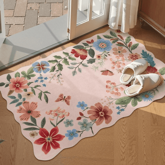 Galactic Goods Boho Floral Rug - Non-Slip Ultra-Thin Washable Area Rug for Entryway, Kitchen, Bathroom & Bedroom | Low-Pile Soft Indoor Door Mat | Stain Resistant Throw Carpet