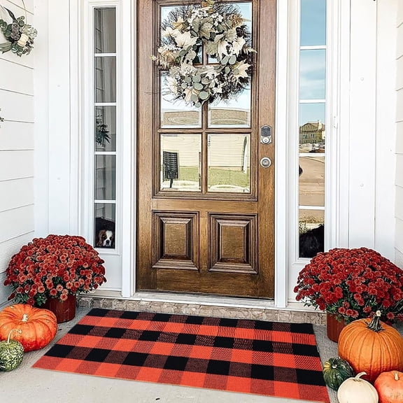 Galactic Goods Plaid Outdoor Rugs, Checkered Indoor/Outdoor Area Rug, Layering Rug for Hello/Welcome Door Mat, Washable Cotton Woven Farmhouse Mat for Fall Front Porch Décor