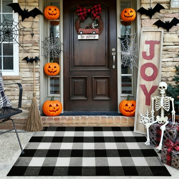 Galactic Goods Plaid Outdoor Rugs, Checkered Indoor/Outdoor Area Rug, Layering Rug for Hello/Welcome Door Mat, Washable Cotton Woven Farmhouse Mat for Fall Front Porch Décor