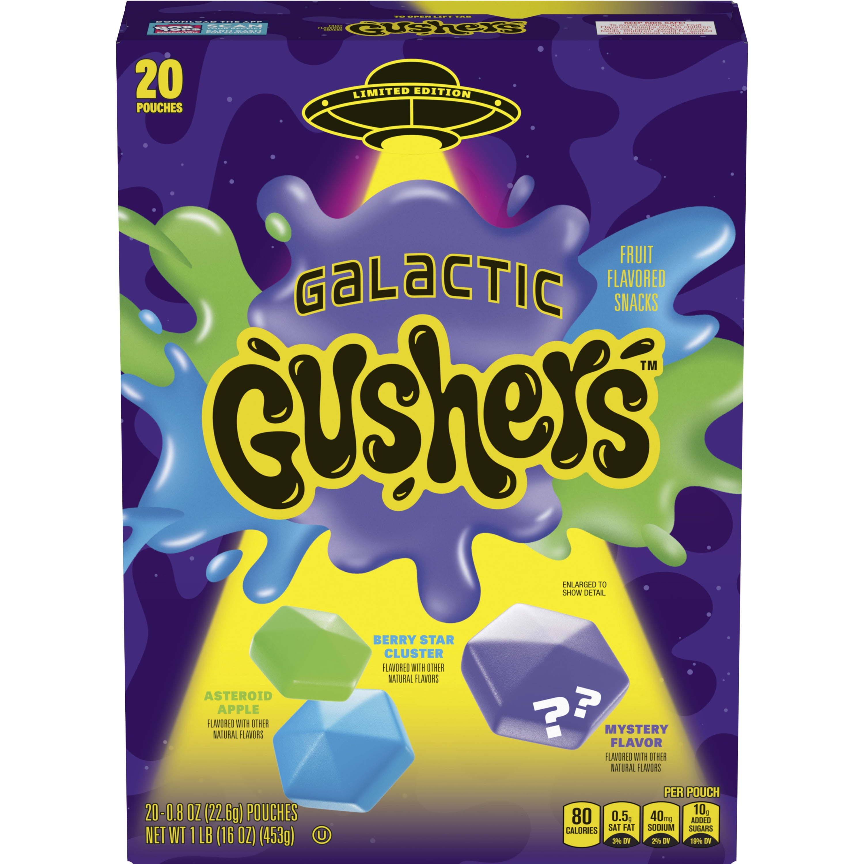 Galactic Gushers Fruit Flavored Snacks, Asteroid Apple, Berry Star Cluster, and Mystery Flavors, 20 Ct, 16 oz