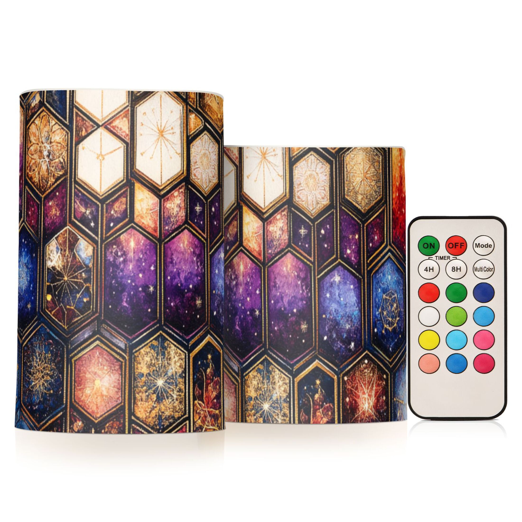Galactic Hexagon Flickering Flameless Candles Battery Operated with Remote Timer LED Pillar Candles Set of 2