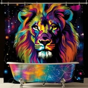 Galactic Lion Bathroom Decor Shower Curtain Vibrant Colors Hyperrealistic Design Neon Lights Unique Home Accent