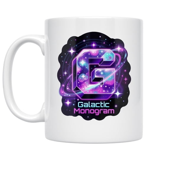 Galactic Monogram 11 oz Coffee Mug - Neon Space Glow for Gamers White Ceramic
