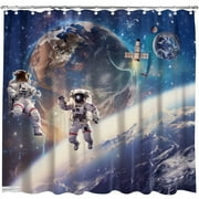 Galactic Oasis: Stunning Space Station Shower Curtain with Earth View Artistic Bathroom Decor Planets Stars Astronauts Satellite