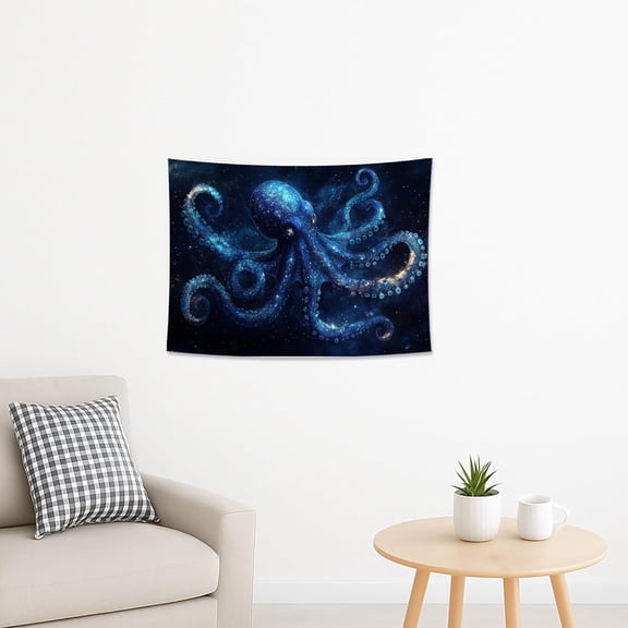 Galactic Octopus Tapestry, Blue Cosmic Ocean Wall Hanging, Surfing Aesthetic Decor for Bedroom, Living Room, Dorm, Ocean Waves Style 40x30 Inch