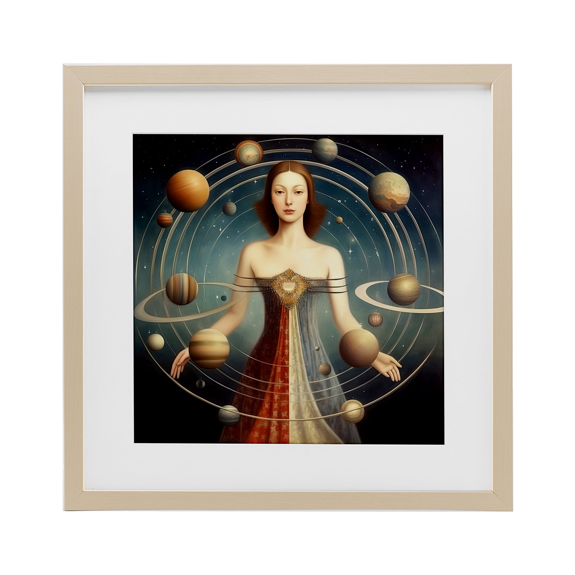 Galactic Orbits Woman Birch Framed Print Under Glass, design by Sasha