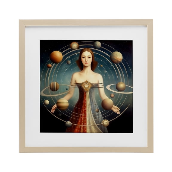 Galactic Orbits Woman Birch Framed Print Under Glass, design by Sasha