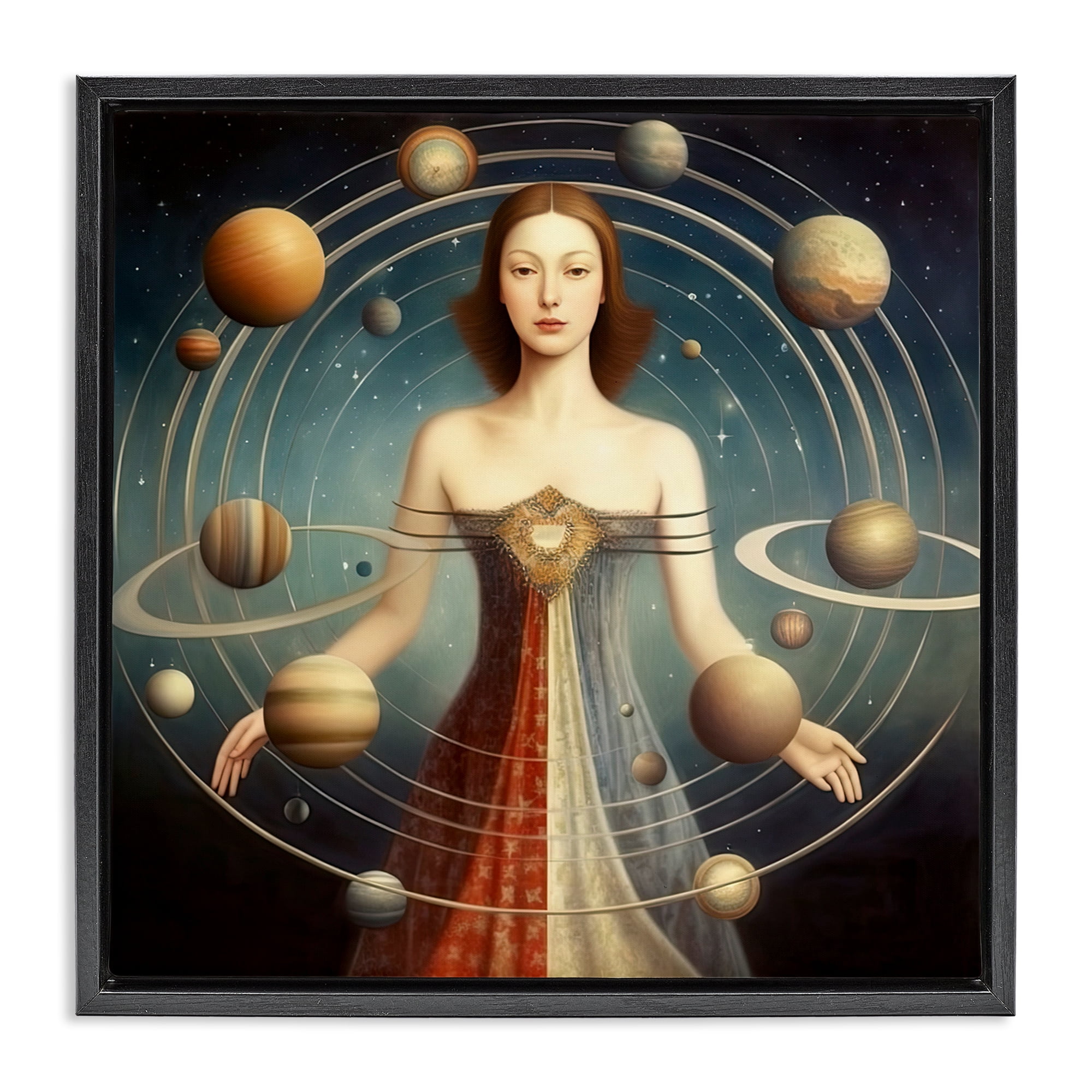 Galactic Orbits Woman Black Framed Floater Canvas Wall Art, design by Sasha