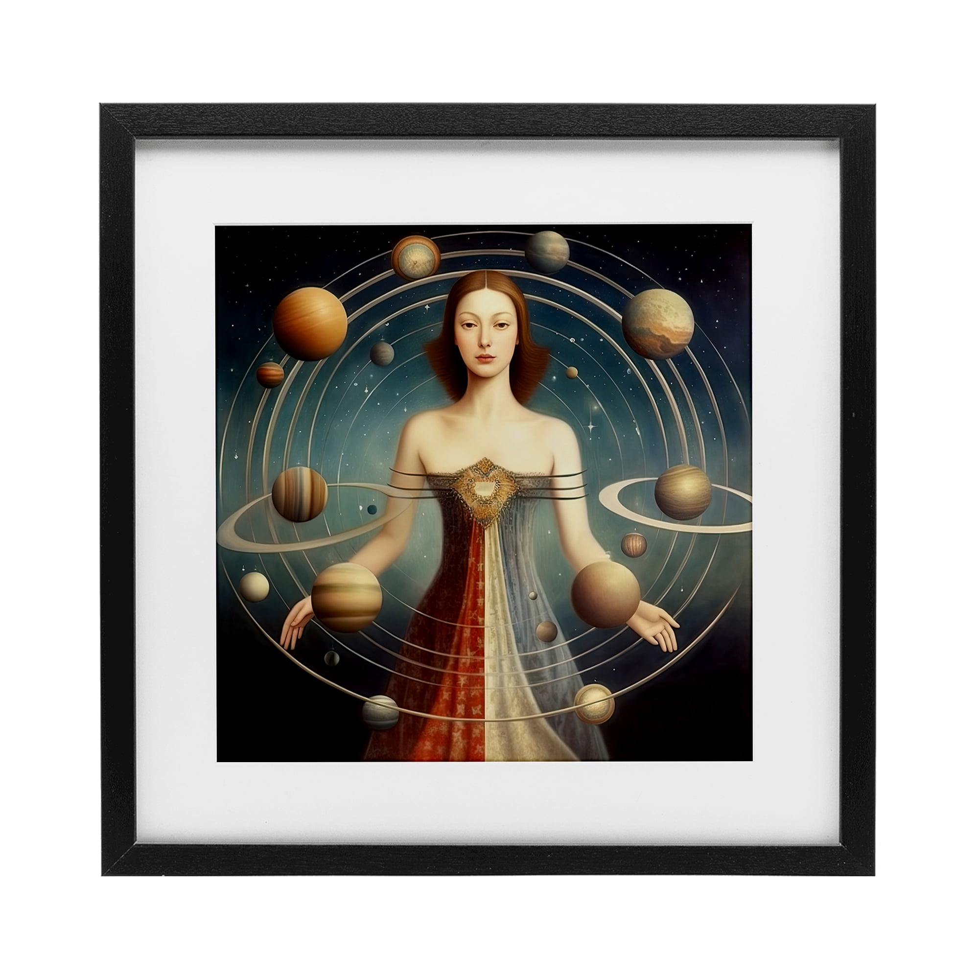 Galactic Orbits Woman Black Framed Print Under Glass, design by Sasha