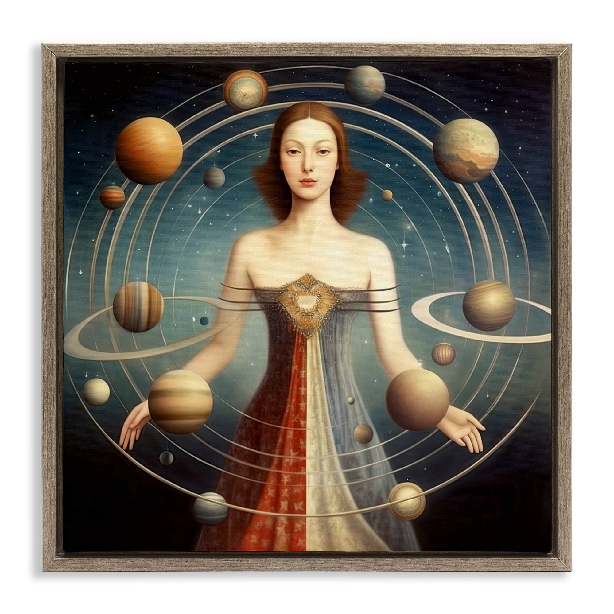 Galactic Orbits Woman Brown Framed Floater Canvas Wall Art, design by Sasha