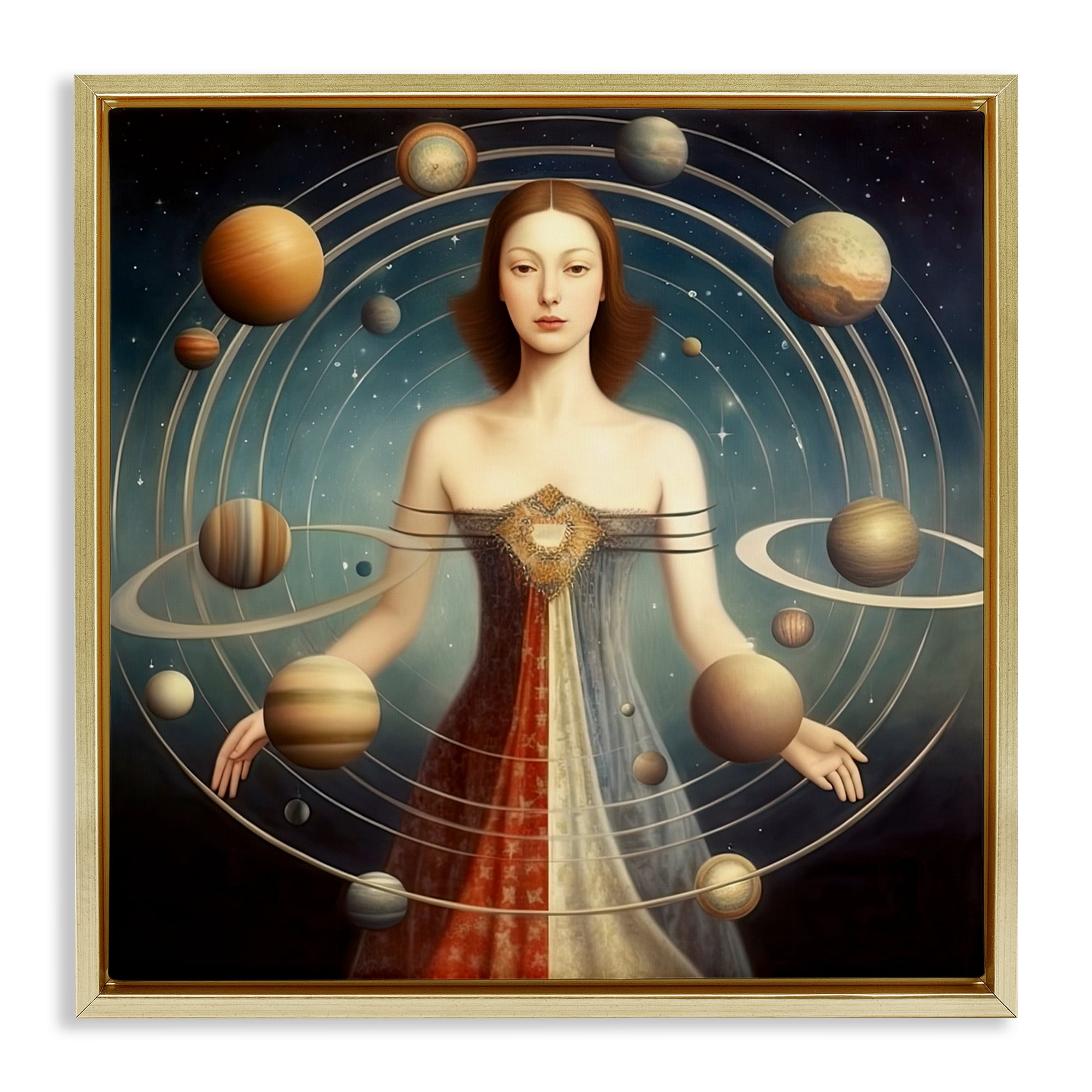 Galactic Orbits Woman Gold Framed Floater Canvas Wall Art, design by Sasha