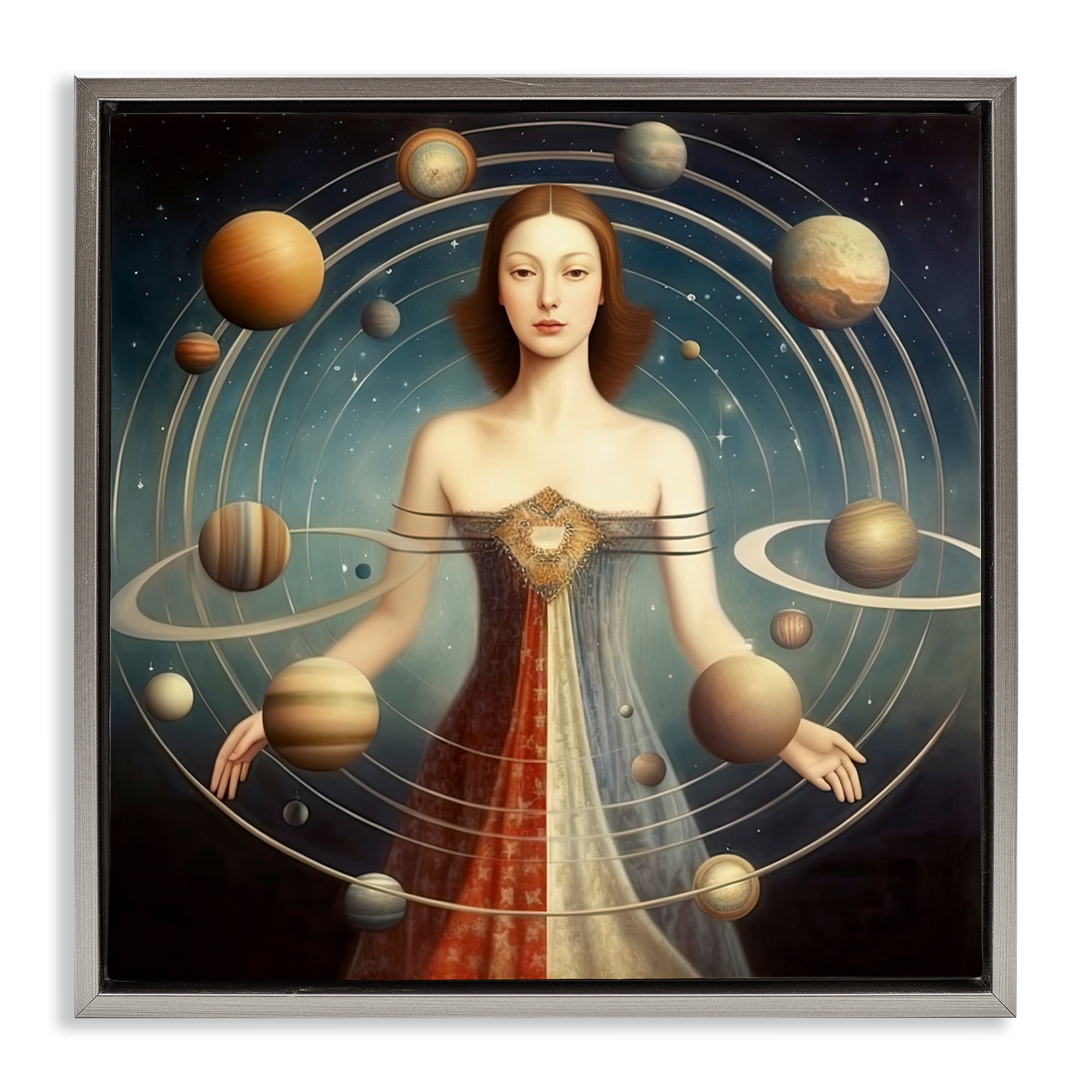 Galactic Orbits Woman Gray Framed Floater Canvas Wall Art, design by Sasha