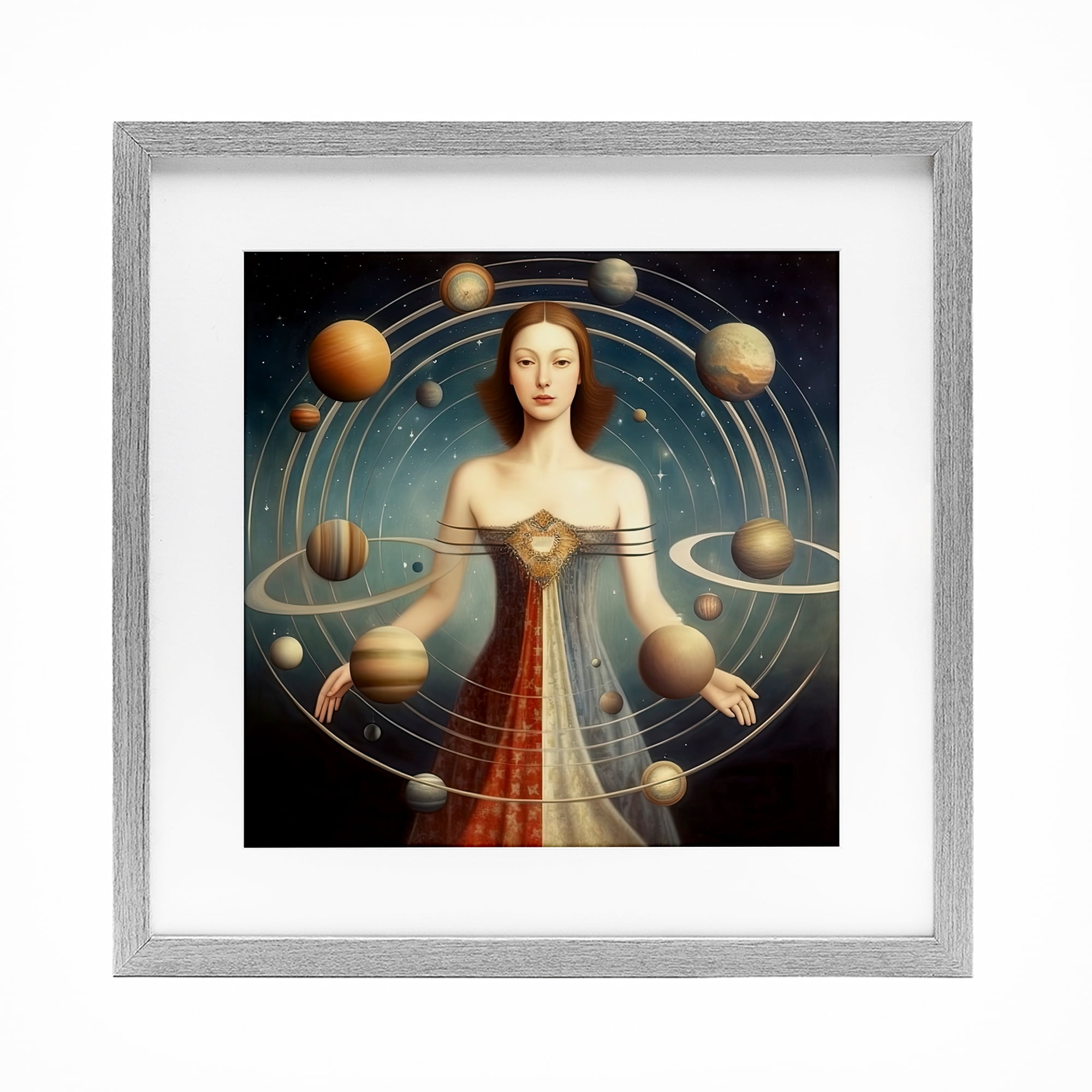 Galactic Orbits Woman Gray Framed Print Under Glass, design by Sasha