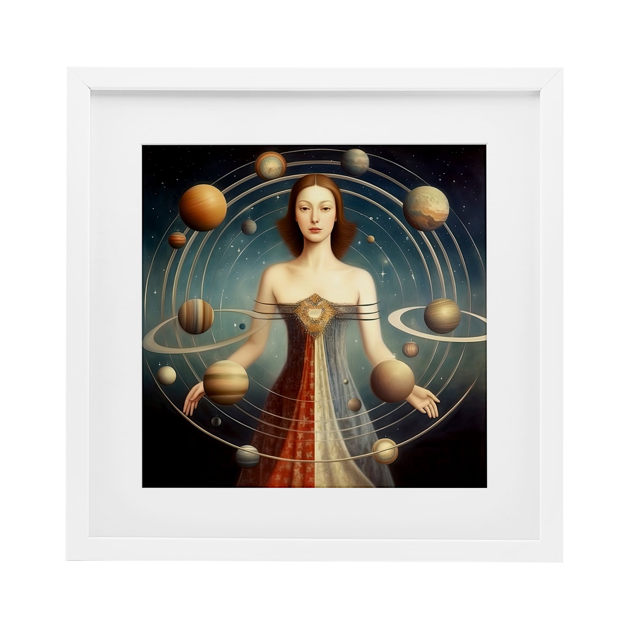Galactic Orbits Woman White Framed Print Under Glass, design by Sasha