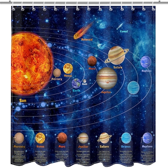Galactic Outer Space Shower Curtain Boys Nebula Universe Planet Bath Curtain Science Theme Waterproof Bathroom Accessories Decor with 12 Hooks